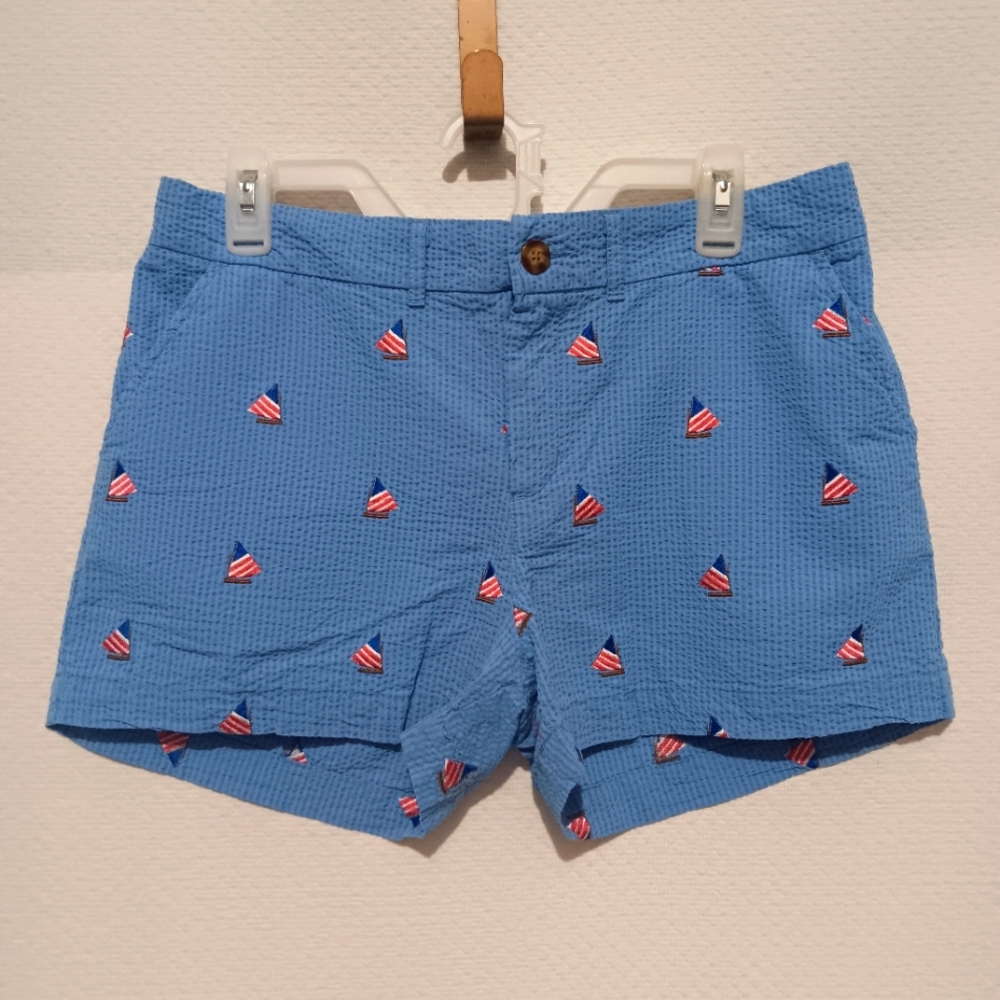 Chubbies Blue Seersucker Shorts with  American Flag sailboat Print